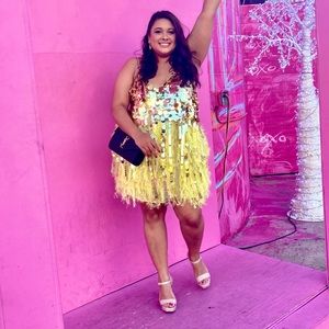ASOS Edition Yellow feather and sequin dress
